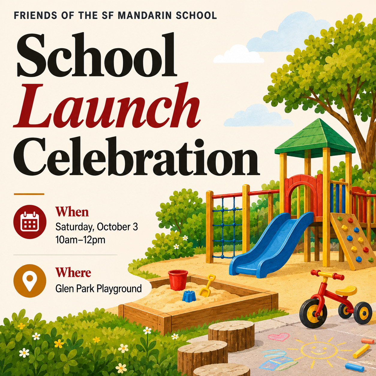 School Launch Celebration — Saturday, October 3, 10am&ndash;12pm, Glen Park Playground